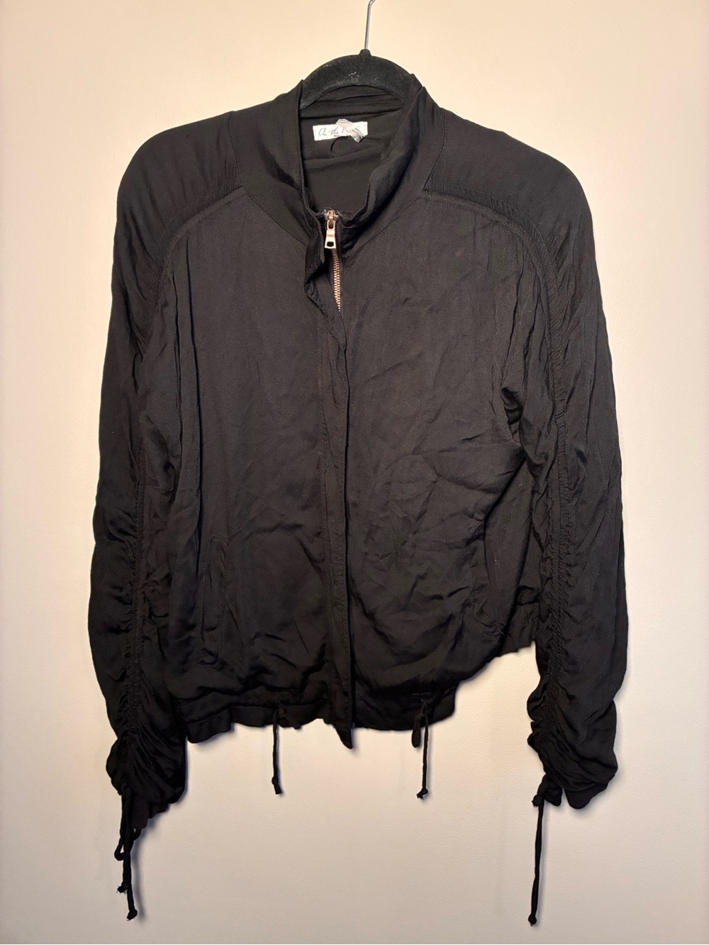Black Ruched-Sleeve Bomber Jacket